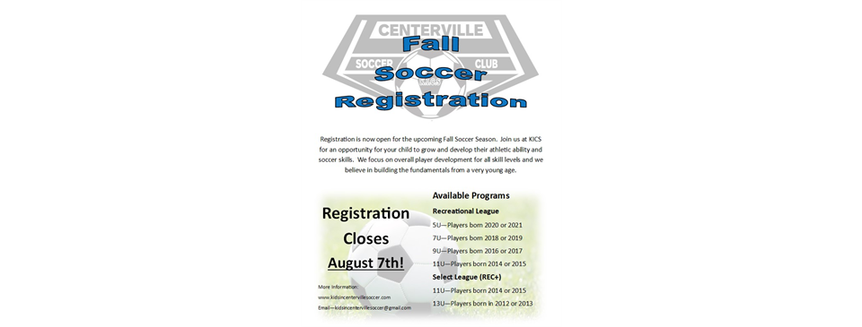 Fall Registration Open Through August 7th